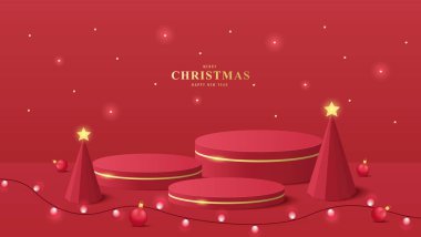 Kürsü Noel 'i. Kırmızı podyum, yılbaşı ağacı ile ürün tanıtımı için. Kırmızı arka planda ürün gösterimi yapın. Mutlu noeller.