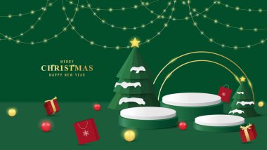 Mutlu noeller. Kürsü Noel 'i. Ürün gösterisi için yeşil podyum Noel ağacı, top, yıldız, hediye kutusu ve süs sahnelenecek.