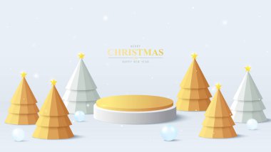 Sahnede en az Noel ağacı ve süs eşyası olan 3D Altın Podyum. Tatil ürünleri ya da reklam geçmişi için mükemmel