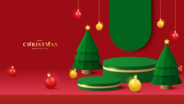 Üç boyutlu yeşil podyum. Minimum noel ağaçları, süsleri ve şenlikli ışıkları var. Tatil ürünleri ya da reklam geçmişi için mükemmel