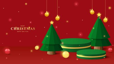 Üç boyutlu yeşil podyum. Minimum noel ağaçları, süsleri ve şenlikli ışıkları var. Tatil ürünleri ya da reklam geçmişi için mükemmel