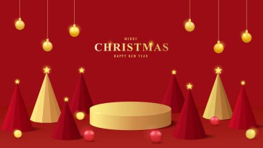 Üç boyutlu altın podyum. Minimum noel ağaçları, altın süsler ve şenlikli ışıklar. Tatil ürünleri ya da reklam geçmişi için mükemmel