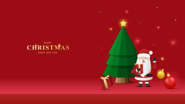 Noel Baba, Noel ağacı, hediye kutusu, altın süsler ve festival ışıklarıyla Noel arkaplanı. Bayram için güzel bir illüstrasyon. Tebrik kartları, pankartlar ve mevsimlik terfiler için mükemmel.