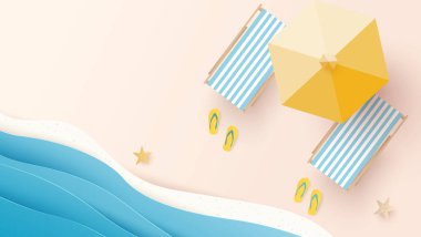 Yaz, seyahat ve tatil konsepti. Güneş yatağının havadan görünüşü, parmak arası terlikler, güneş yatağı, kumlu sahilde sarı şemsiye. Yaz dönemi geçmişi. Üst Manzara. Vektör illüstrasyonu