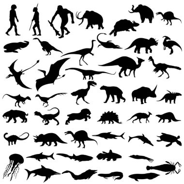 Dinozorların vektör siluetleri. Dinozor koleksiyonu. Kara kadim hayvanlar. Antik hayvan silueti, vektör çizimi.