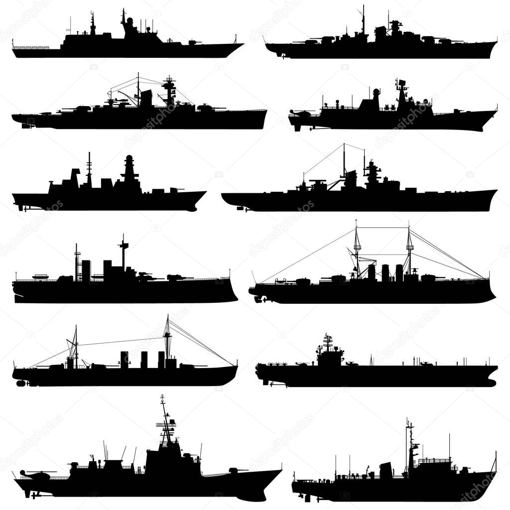 Collection silhouettes of ships. Boats. Vector illustration.