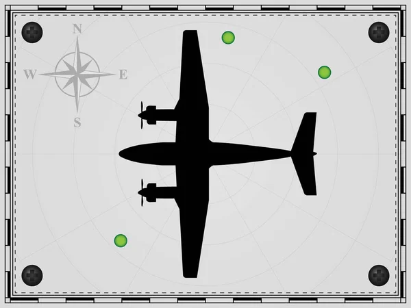 Vliegtuig Een Kaart Achtergrond Met Radarelementen Vliegtuigen Windroos Vectorillustratie — Stockvector