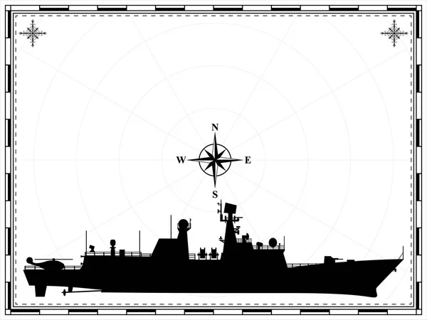 Διανυσματικό Στρατιωτικό Σκάφος Στο Βάθος Του Χάρτη Ανεμολόγιο Εικονογράφηση Διανύσματος — Διανυσματικό Αρχείο