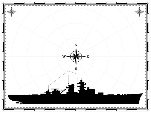 Διανυσματικό Στρατιωτικό Σκάφος Στο Βάθος Του Χάρτη Ανεμολόγιο Εικονογράφηση Διανύσματος — Διανυσματικό Αρχείο
