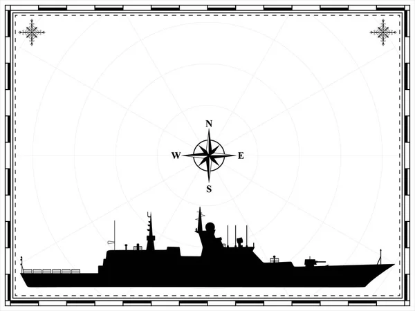 Vektor Militärschiff Auf Dem Hintergrund Der Karte Der Wind Stieg — Stockvektor