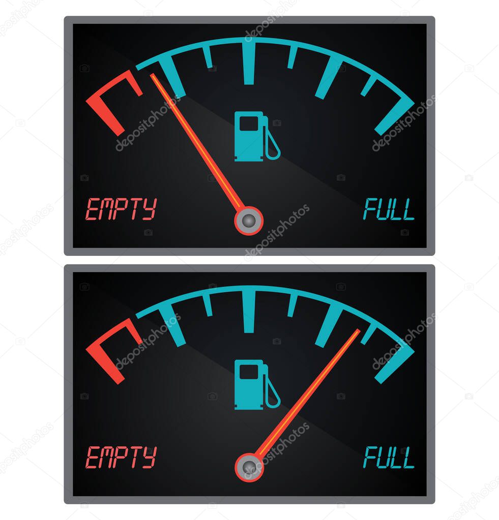 Gas gauge. Fuel indicator. Fuel gauge. Indicator fuel icon. Gas meter. Fuel sensor. Car dashboard. Vector illustration.