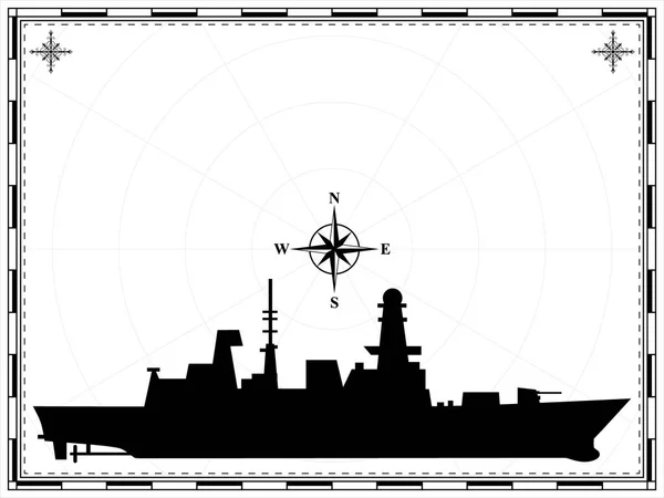Wektorowy Statek Wojskowy Tle Mapy Róża Wiatru Ilustracja Wektora — Wektor stockowy