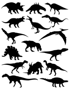 Dinozor siluetleri koleksiyonu. Dinozor siluetlerinin vektör koleksiyonu. Dinozorların silueti ayarlandı.