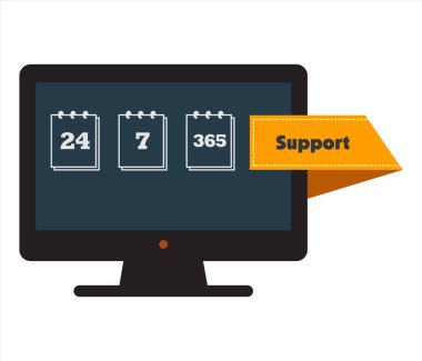 Çevrimiçi Destek. 7 / 24 / 365 e-ticaret servisi. Kavram. Müşteri Hizmetleri. Destek Sistemi. Merkezi ara. 365 günde 24 saat 7 gün. Vektör illüstrasyonu.