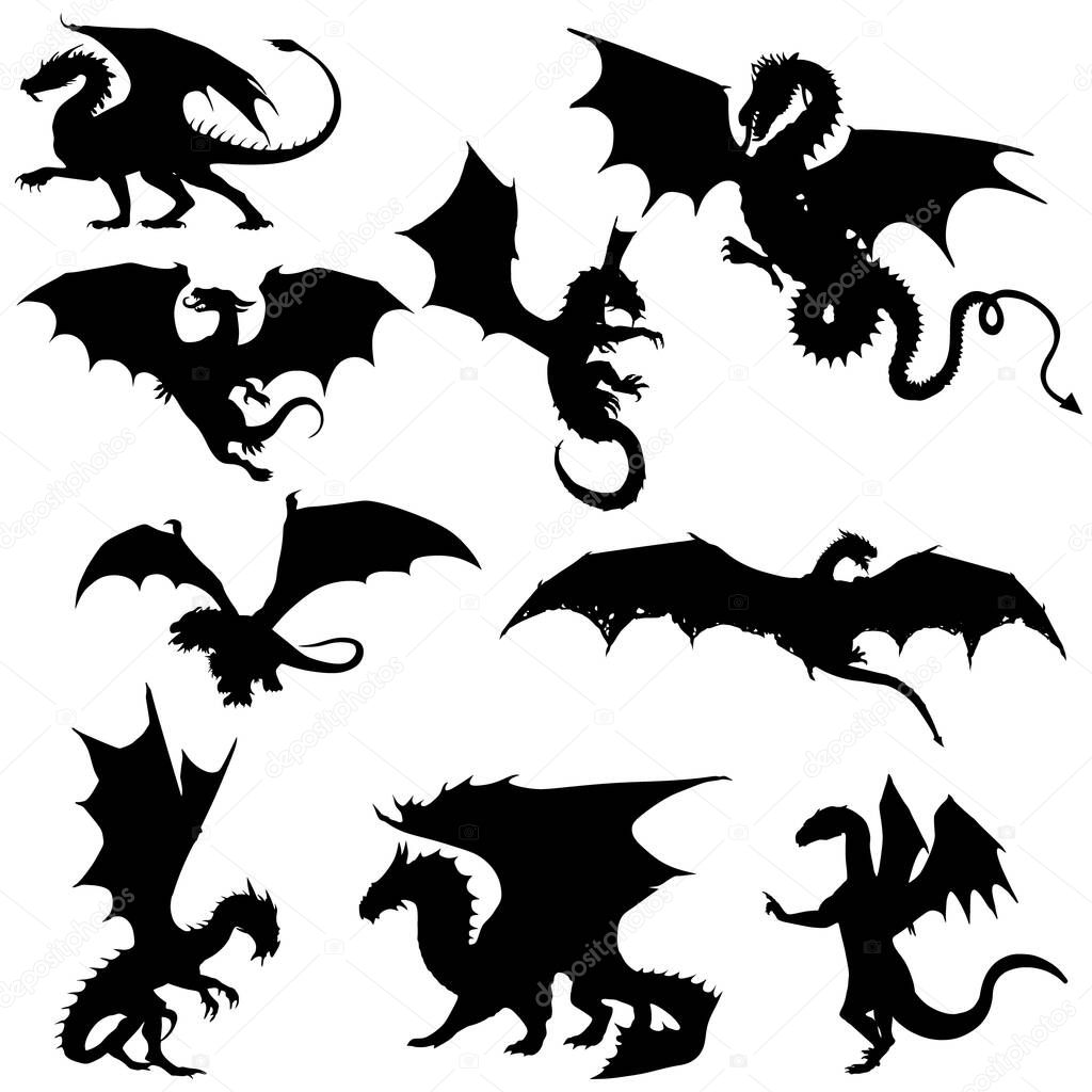 Collection silhouettes of dragon. Vector collection of dragon silhouettes. Dragon silhouette set.