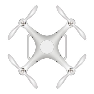 Drone, kuadkopter üst görünümü. Beyaz bir arka planda izole edilmiş. Modern otomatik drone. Havacılık fotoğrafçılığı. İnsansız hava aracı. Vektör illüstrasyonu.