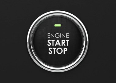 Motoru durdur düğmesi. Araba gösterge paneli. Lüks araba motoru çalıştırmak için kullanılan yeni bir teknolojidir. Motoru çalıştırmak için siyah düğme yazma başlat, dur. 3B illüstrasyon.
