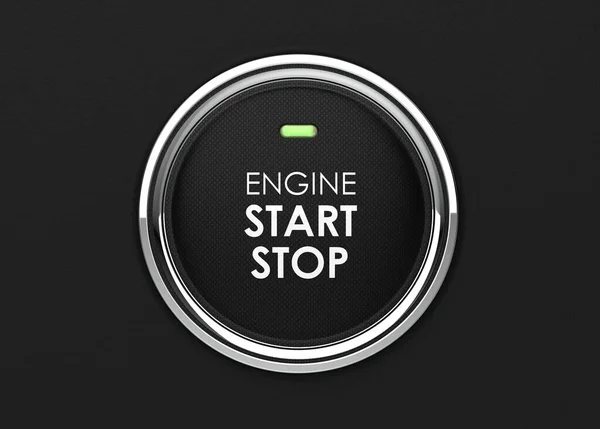 Engine start stop button. Car dashboard element. Luxury car is a new technology used of starting the engine. Black button to start the engine with inscription start, stop. 3D illustration.
