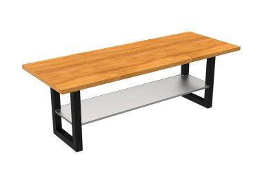 Ahşap masa. Beyaz arka planda cam var. Tasarım elementi. Modern masa. Mobilyalar. İç mekan. 3B Görüntü.