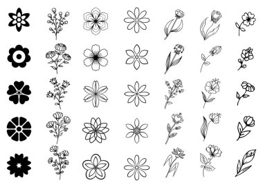 Farklı bir çiçek seti. Beyaz arka planda izole edilmiş siyah şekilli çiçekler. Dekoratif çiçek tasarım elementleri koleksiyonu.