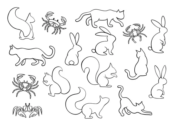 Vector Animal Set Collection Black Outline Animals Pets Isolated White — Stock Vector