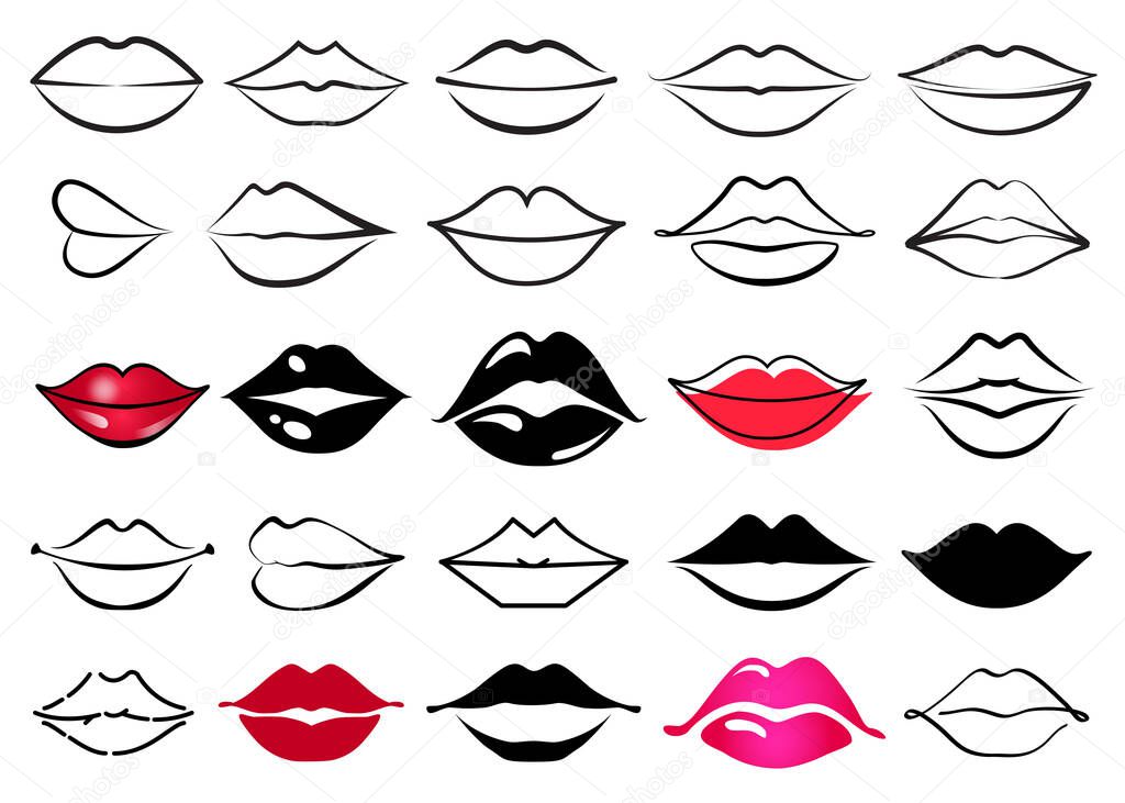 Vector Lips collection. Set of lips logo, symbol, sign isolated on white background. Black outline illustration, line art. Flat design shapes, elements.