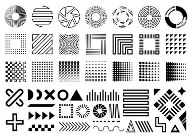 Vektör memphis, soyut geometrik şekiller kümesi, süs şekilleri, dalgalar, pürüzsüz desenler, geometrik şekiller, tasarım elementleri, beyaz arkaplanda izole edilmiş siyah renkte..