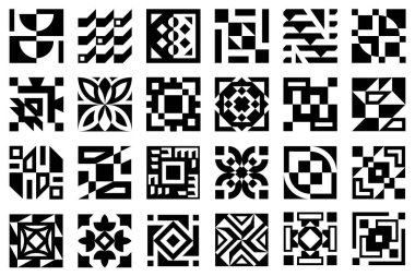 Soyut, kabile ve minimalist desenlere sahip 24 siyah ve beyaz geometrik kare ikonundan oluşan bir koleksiyon. Modern logolar, etnik markalar, dekoratif fayans tasarımları ve grafik elementler için mükemmel..