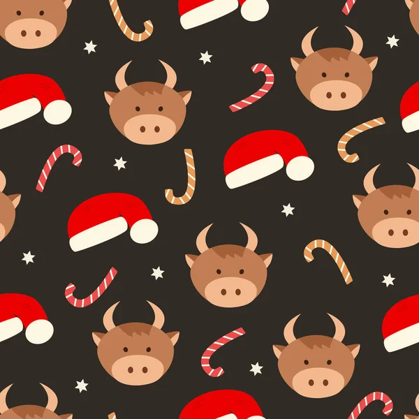 Boże Narodzenie bezproblemowy wzór głowy byka i kapelusz Santa słodkie laski cukierki. — Wektor stockowy