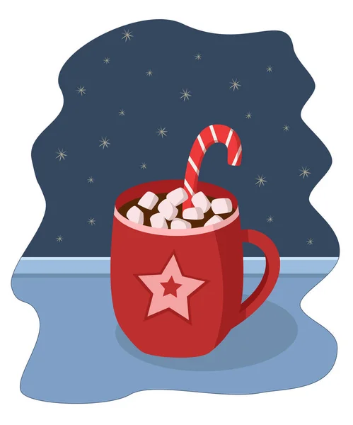 Červený pohár s horkou čokoládou a marshmallows na parapetu. Vánoční koncept, večer za oknem sněhové vločky. Vektorová ilustrace — Stockový vektor
