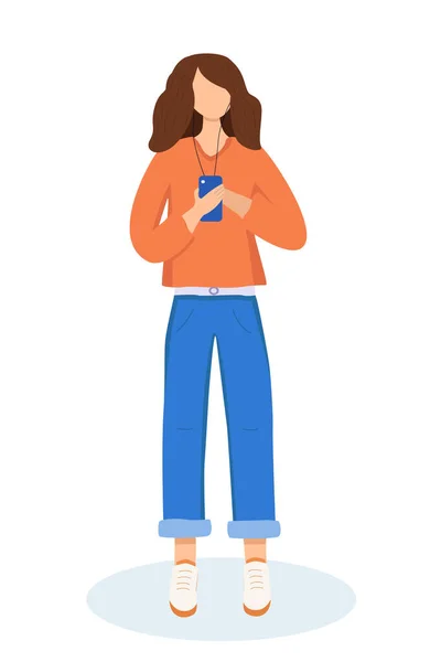 Young trendy girl is stand with a phone in her hands and headphones. Communication by phone, freelance work. Vector illustration. — Stock Vector