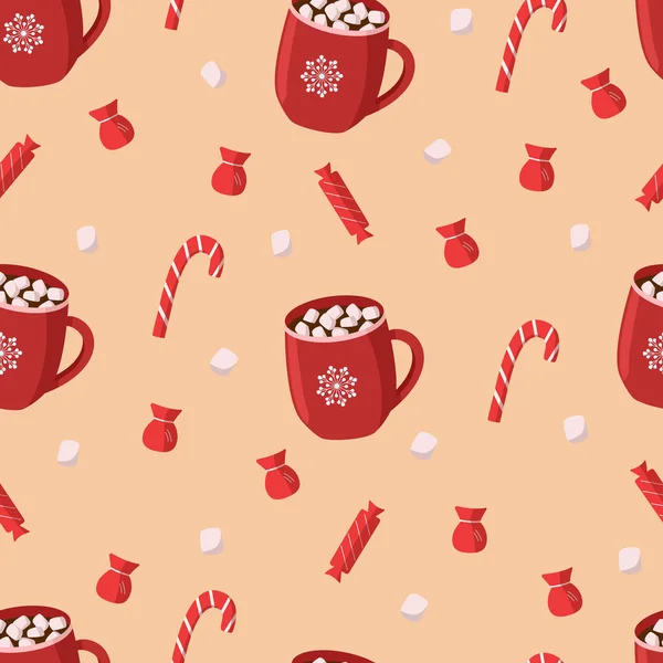 Boże Narodzenie bez szwu wzór, czerwony kubek gorącej czekolady pianki i cukierki. — Wektor stockowy