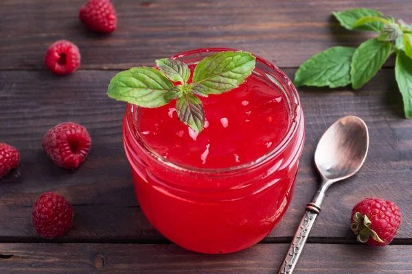 Homemade Raspberry Jam Glass Jar Fresh Raspberries Mint Wooden Rustic — Stock Photo, Image