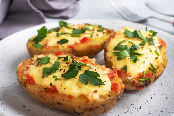 Bakad Potatis Skalet Fylld Med Ost Med Vitlök Och Örter — Stockfoto