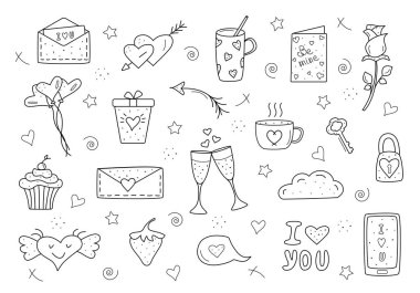 Siyah vektör ürünleri, Sevgililer Günü ve düğün simgeleri. İzler, kartlar ve renklendirme sayfası için tasarım.