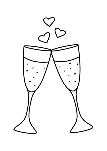 Two glasses of champagne with splashes of hearts, vector illustration, icons on white. — Stock Vector