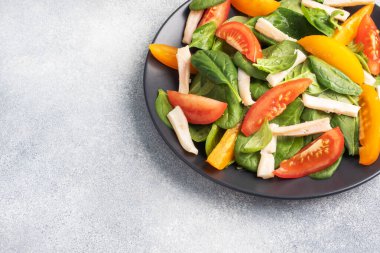 Haşlanmış kalamar salatası, taze domates, ıspanak yaprağı. Sebzeli ve deniz ürünleri fotokopi salonlu nefis bir diyet yemeği. Üst görünüm