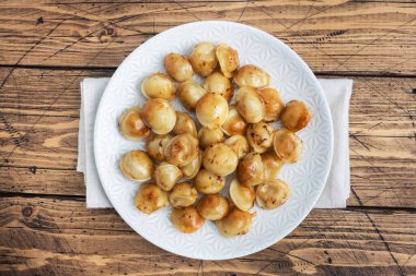 Geleneksel kızarmış pelmeni, ravioli, tabakta etle dolu hamur tatlısı, Rus mutfağı. Ahşap kırsal tablo, boşluğu kopyala