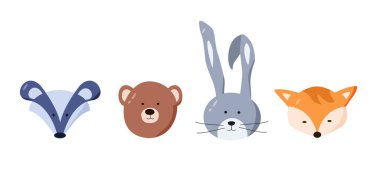 Orman hayvanlarının bir dizi renkli çizimi, bir ayının kafası, bir tavşan, bir tilki ve bir porsuk.