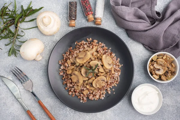Buckwheat Rebus Dengan Jamur Rebus Makanan Tradisional Rusia Ruang Penyalinan — Stok Foto