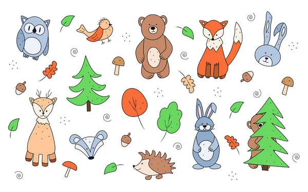 Conjunto Vectorial Dibujos Color Animales Del Bosque Estilo Garabato Oso — Archivo Imágenes Vectoriales