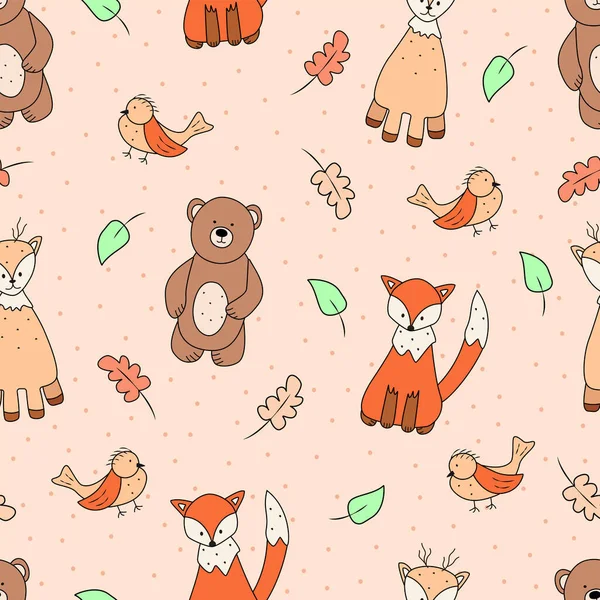 色の森の動物のシームレスなパターン 鹿キツネクマ鳥 印刷のための背景壁紙 子供漫画のキャラクター — ストックベクタ