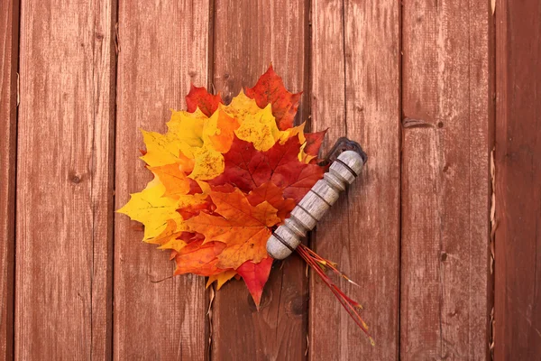 Ein Strauß Herbstblätter auf hölzernem Hintergrund — Stockfoto