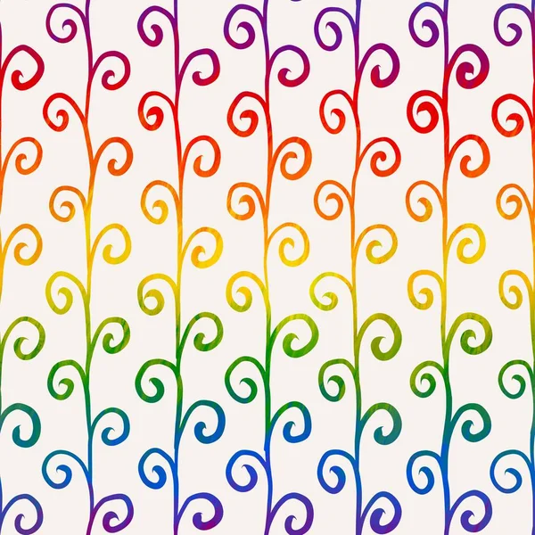 Nahtloses Muster handgezeichneter Regenbogenspiralen auf Linien. Bunte Strudel, die mit vertikalen Streifen auf Weiß verbunden sind. Helle und kontrastreiche Illustration für Textilien und Verpackung, Scrapbooking — Stockfoto