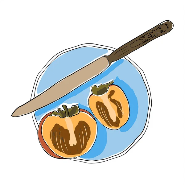 Vector voedsel illustratie van Persimmon en mes op plaat. Half en kwart rijp heerlijk fruit met bestek op ronde schotel. Ontwerp voor menu van cafe en restaurant, websites over gezond eten — Stockvector