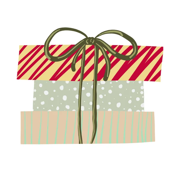 Renkli bir çizgi film Noel hediyesi kutusu çizimi. Fiyonkla süslenmiş ve yeni yıl partisi için renkli kağıda sarılmış. Düz stil izole tatil sembolü doğum günü için kullanılabilir — Stok Vektör