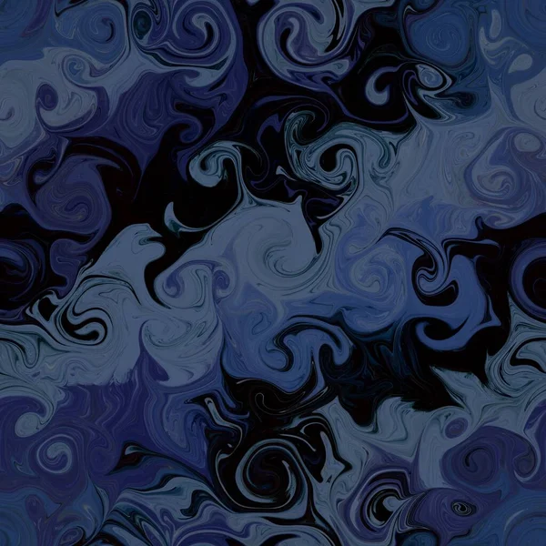 Dark blue swirls in paper marbling technics. Abstract Seamless pattern of spirals of different shapes and sizes in night colors. Ebru imitation for textile print, wrapping and digital paper — Stock Photo, Image