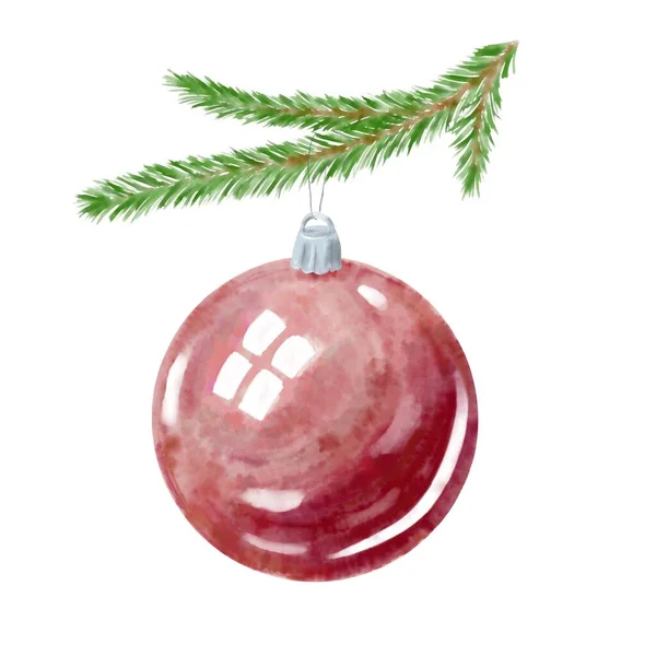 Hand-drawn watercolor illustration of Christmas bauble hanging on the fir tree. Twig of pine with Xmas ornament. Digital imitation of watercolour painting for decoration, sublimation, greeting card — Stock Photo, Image