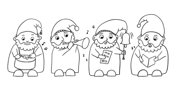 Illustrazione vettoriale disegnata a mano di gnomi natalizi che suonano strumenti musicali per pagine da colorare. Design carino per le vacanze invernali. Personaggi dei cartoni animati divertenti di Babbo Natale isolati su bianco — Vettoriale Stock