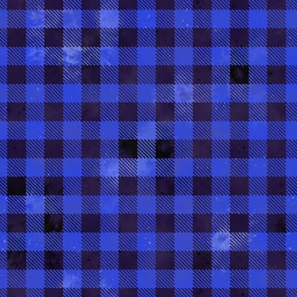 Buffalo plaid watercolor lumberjack tartan seamless pattern. Textile seamless background. Geometric square checks, black stripes on blue backdrop for fabric, decoration, scrapbooking, digital paper — Stock Photo, Image